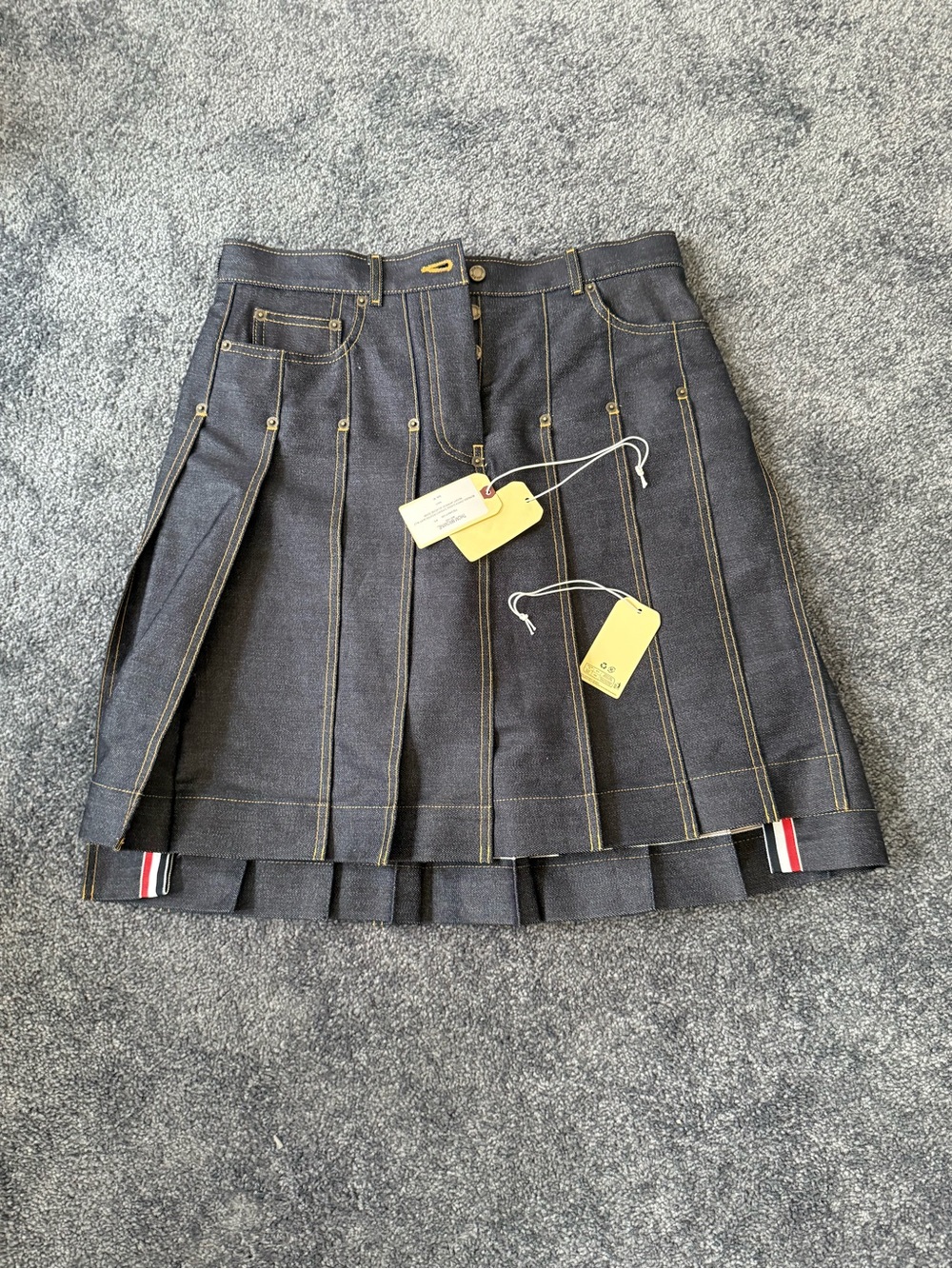 Thom Browne Dark Indigo Pleated Denim Mini Skirt with Contrast Stitching